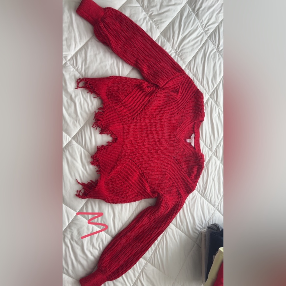 Red Knit Sweater with Fringe Hem